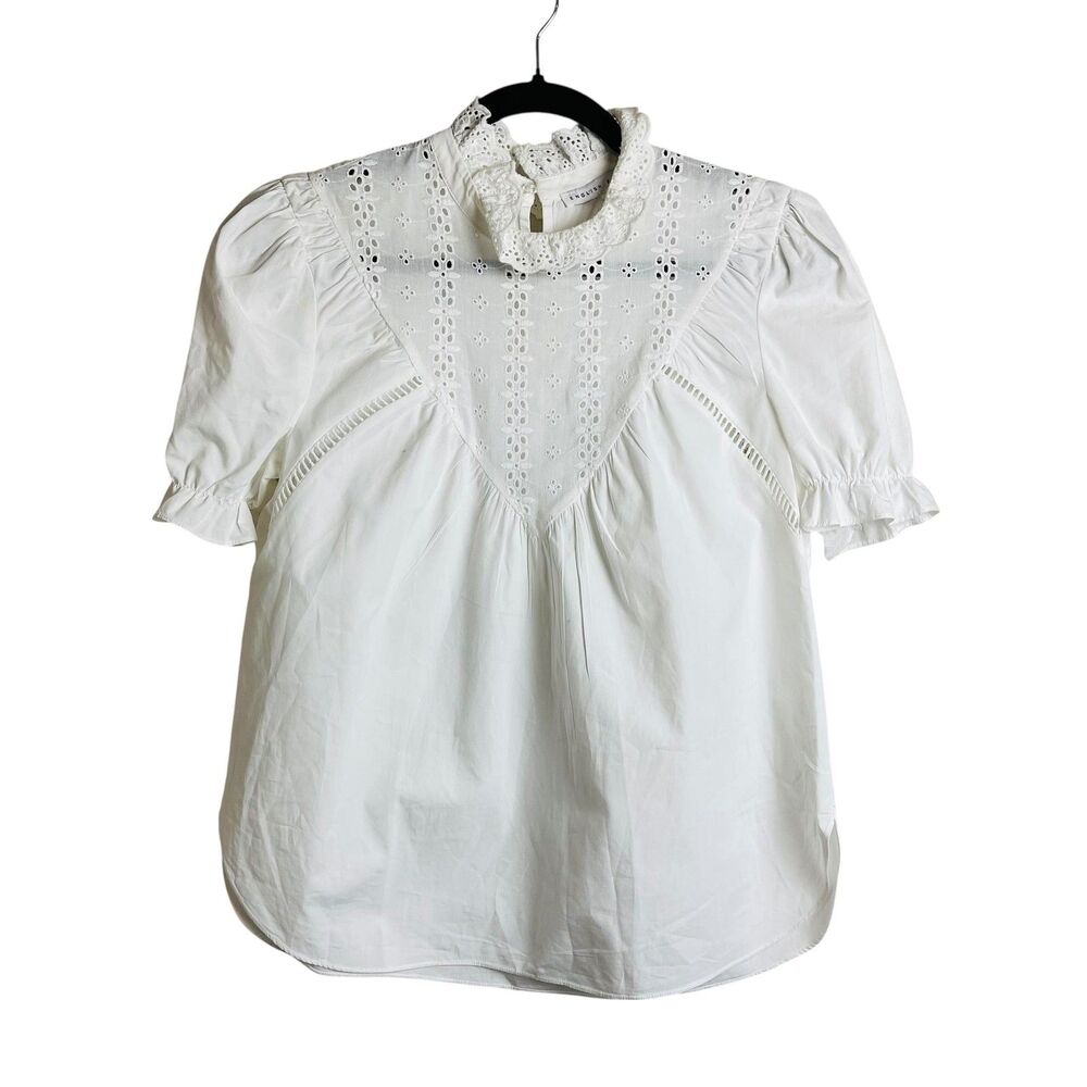 English Factory Shirt Womens XS White Eyelet Lace Victorian Ruffle Collar Top